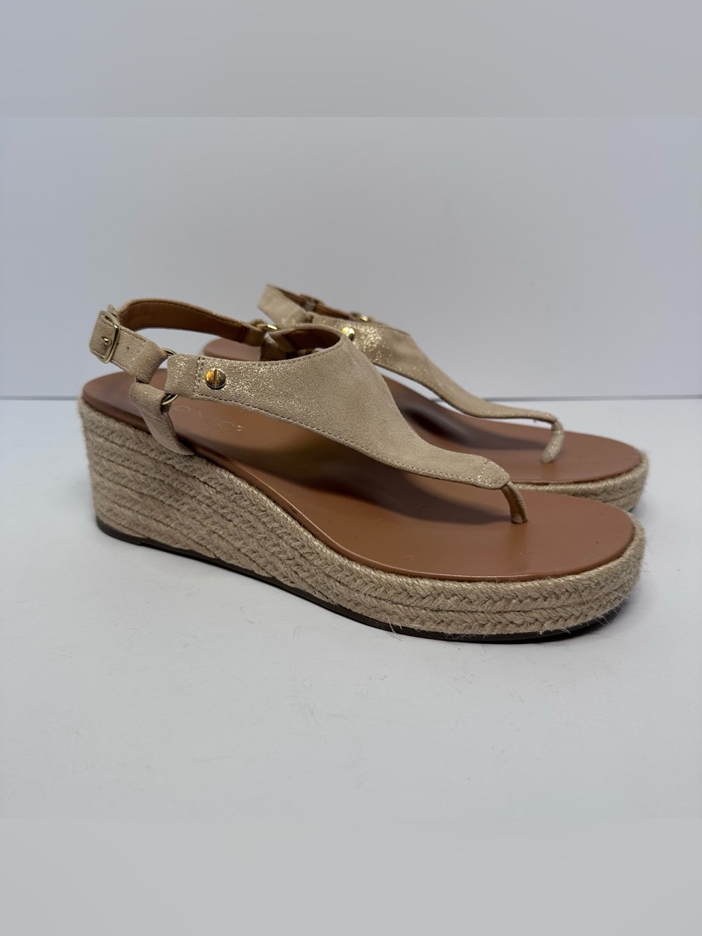 VIONIC Kirra Metallic Gold Leather Espadrille Wedge Sandals Orthotic Size 8
